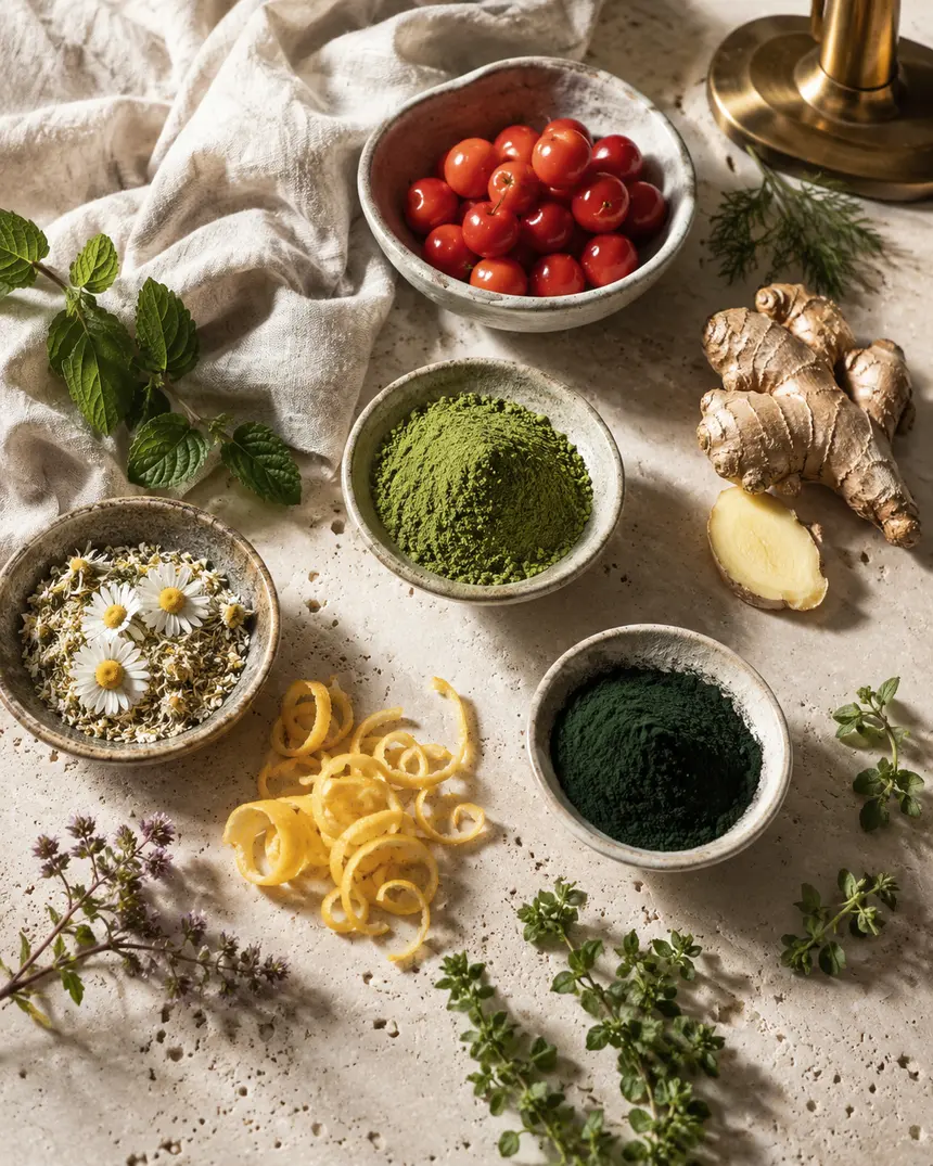 Botanische ingrediënten zoals acerola, bessen, kruiden en groene poeders