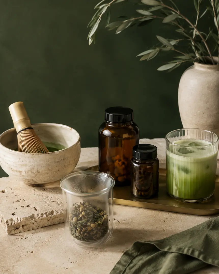 Selectie van vitaminen, omega-3, collageen, matcha en kruidenthee van Natuurbloei