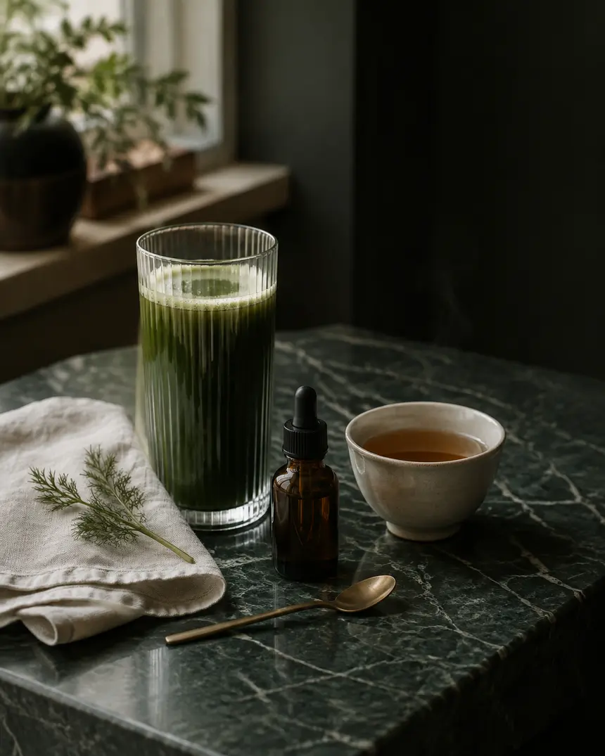Een rustig ochtendritueel met een groene botanische drank, matcha en thee